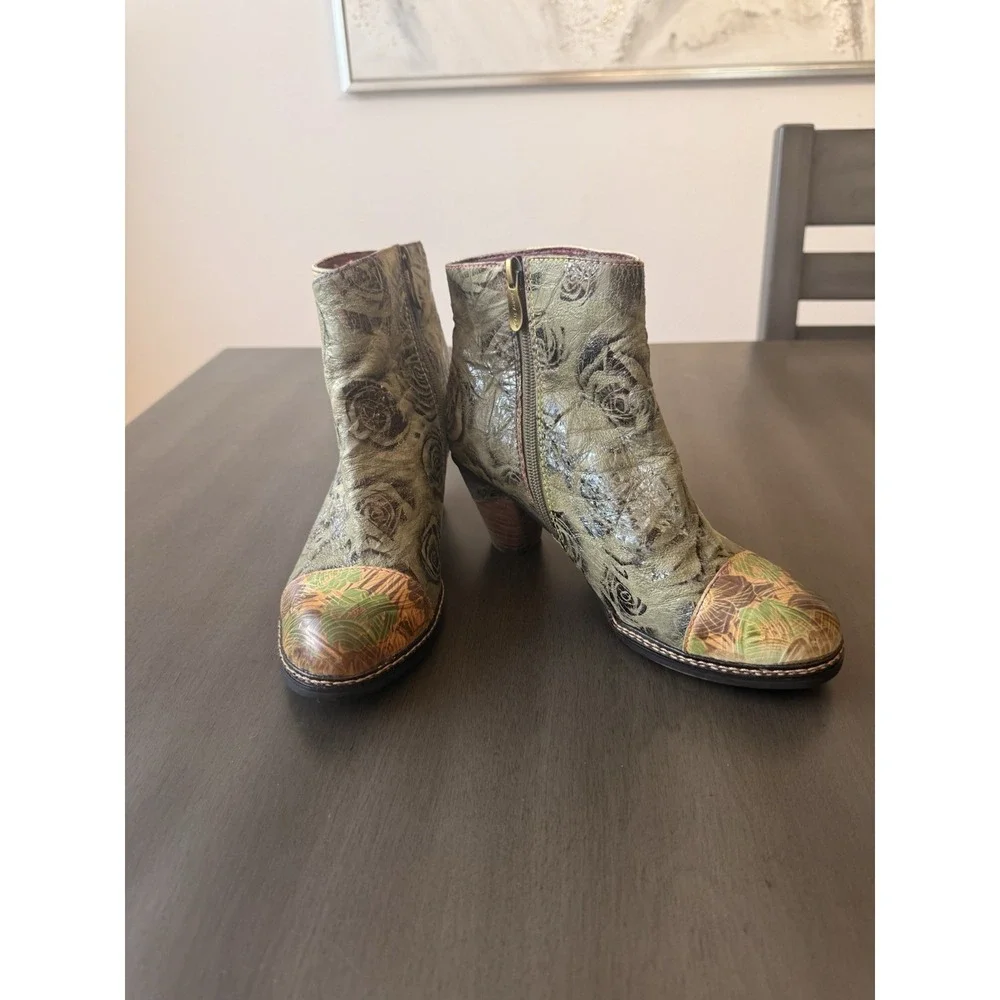 Spring Step L'Artiste Waterlily  Leather Boots Ankle Green Brown Floral S 7 - Picture 5 of 16